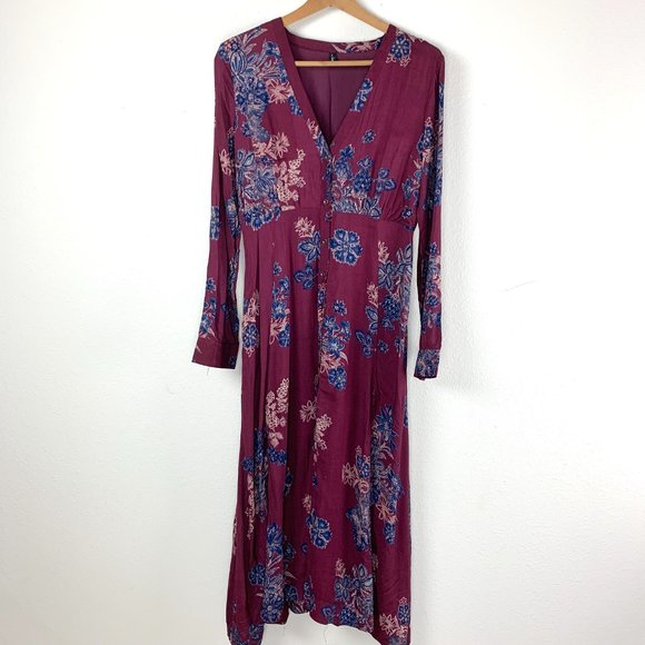 Womens Burgundy Floral Print V Neck Button Up Maxi Dress Size Medium